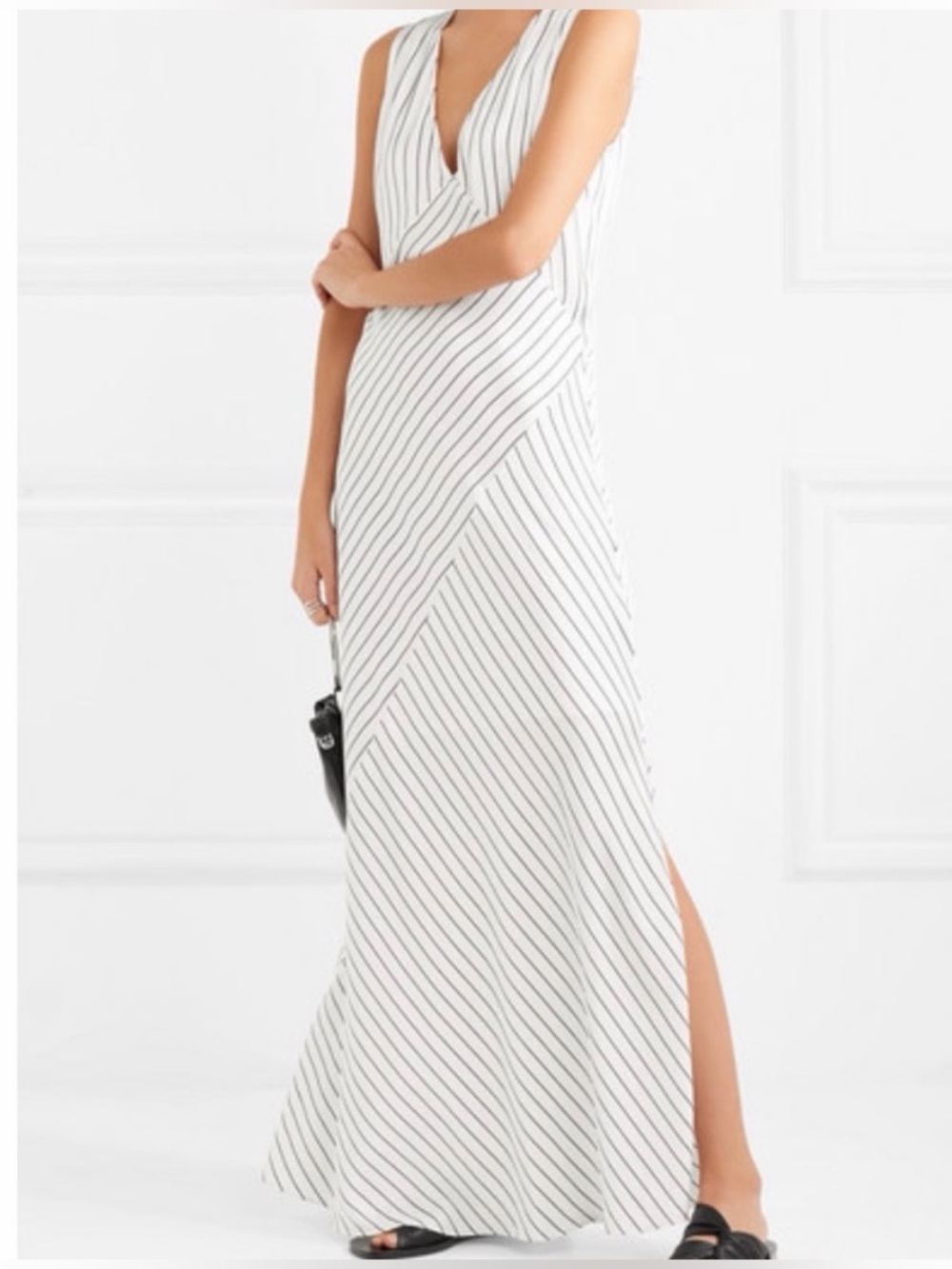 Theory Relaxed Slip Crushed Satin Stripe Maxi Dress White Black Minimalist Sz 0 - Picture 2 of 12
